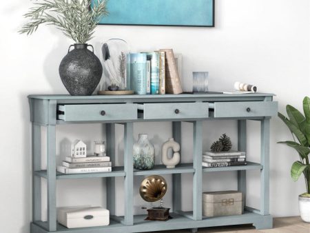 58 Inch Retro Console Table with 3 Drawers and Open Shelves Rectangular Entryway Table Sale