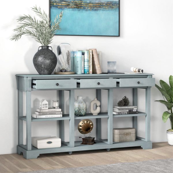 58 Inch Retro Console Table with 3 Drawers and Open Shelves Rectangular Entryway Table Sale