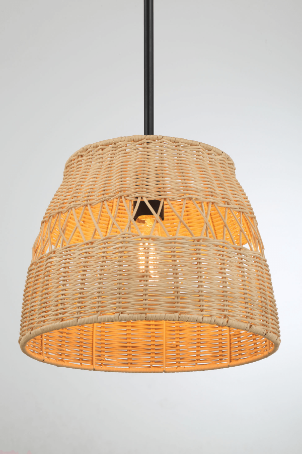 Essence Single Lights Pendant With Rattan Shade  Black Metal Finish for Farmhouse Style Fashion