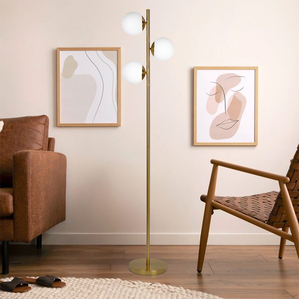 Brilliance Modern Gold Brush Floor Lamp, Opal Glass Shades and Round Metal Base Online Sale