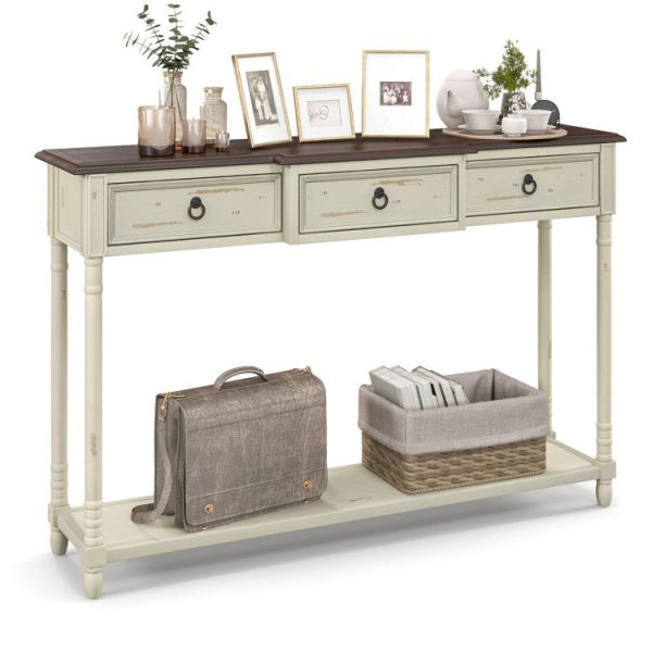 52 Inch Farmhouse Console Table with 3 Drawers and Open Storage Shelf for Hallway on Sale