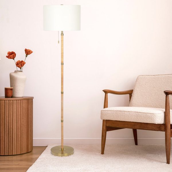 Stellar Wood Rattan Tube , Gold Brass Metal and White Linen Shade Floor Lamp For Discount