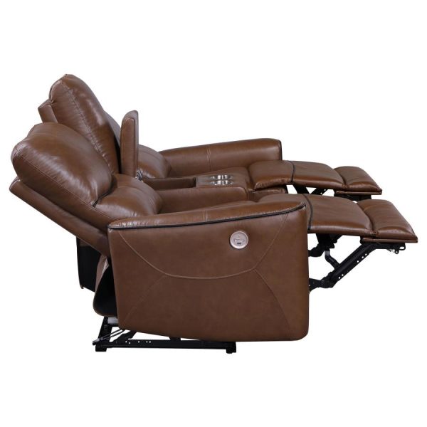 Greenfield Upholstered Power Reclining Loveseat with Console Saddle Brown For Sale