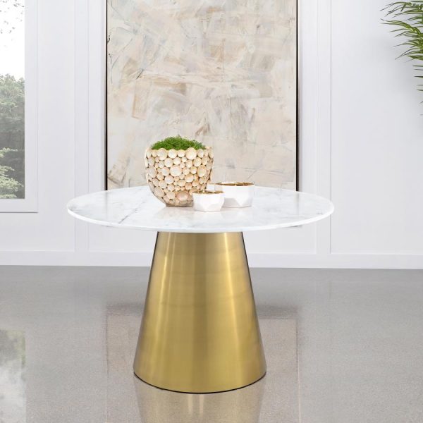 Ambrose Round Dining Table Genuine Marble with Stainless Steel White and Gold For Discount