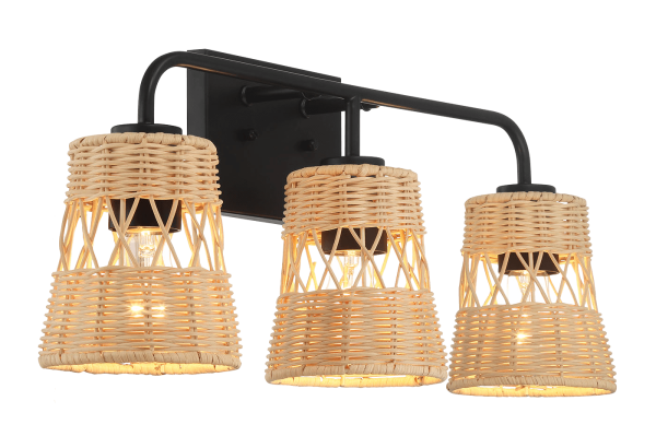 Moonlit Three Lights Wall Sconce With Rattan Shade, Bathroom Lighting Fixtures Over Mirror Hot on Sale