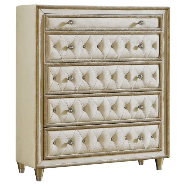 Antonella 5-drawer Upholstered Chest Ivory and Camel on Sale