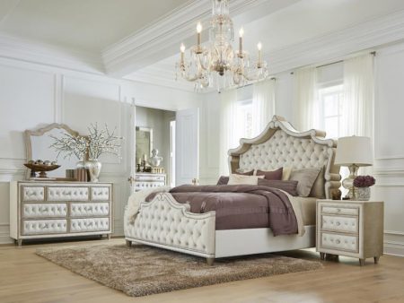 Antonella 5-Piece Eastern King Upholstered Tufted Bedroom Set Ivory and Camel Online now