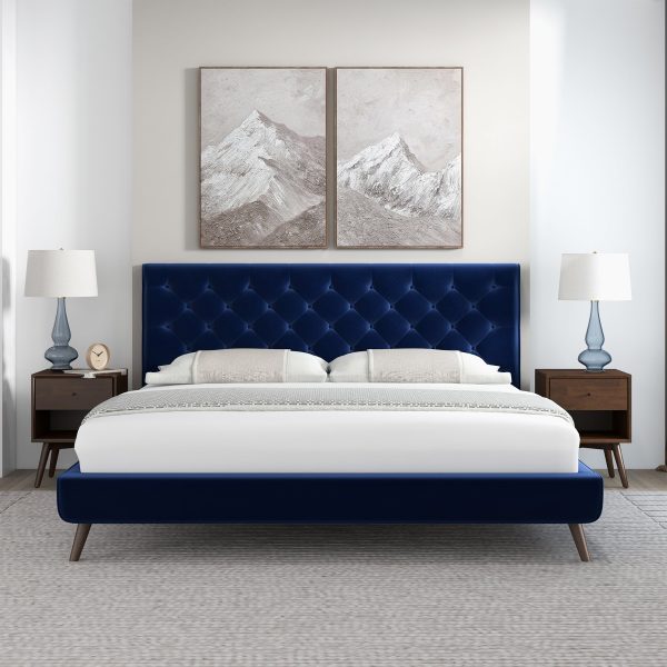 Dillon Blue Velvet Platform Bed (King Size) Hot on Sale