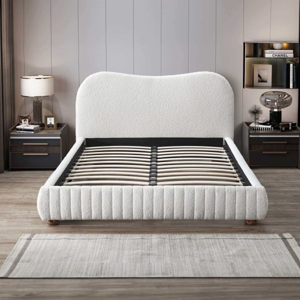 Norme Boucle Upholstered Low Profile Queen Size Platform Bed In Cream on Sale