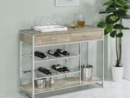 Melrose 2-shelf Wine Cabinet with 2 Drawers Gray Washed Oak and Chrome For Sale