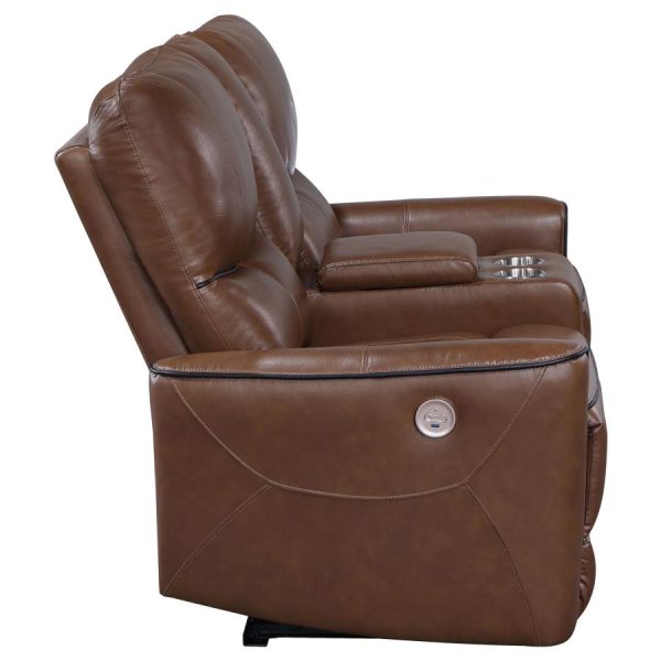 Greenfield Upholstered Power Reclining Loveseat with Console Saddle Brown For Sale