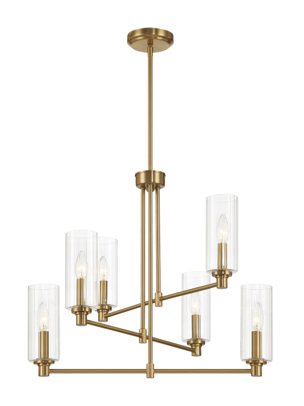 Timeless Six Lights Chandelier With Clear Ribbed Glass - Satin Brass Cheap