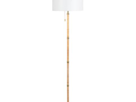 Stellar Wood Rattan Tube , Gold Brass Metal and White Linen Shade Floor Lamp For Discount