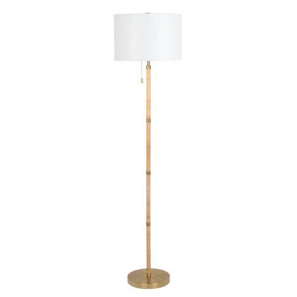 Stellar Wood Rattan Tube , Gold Brass Metal and White Linen Shade Floor Lamp For Discount