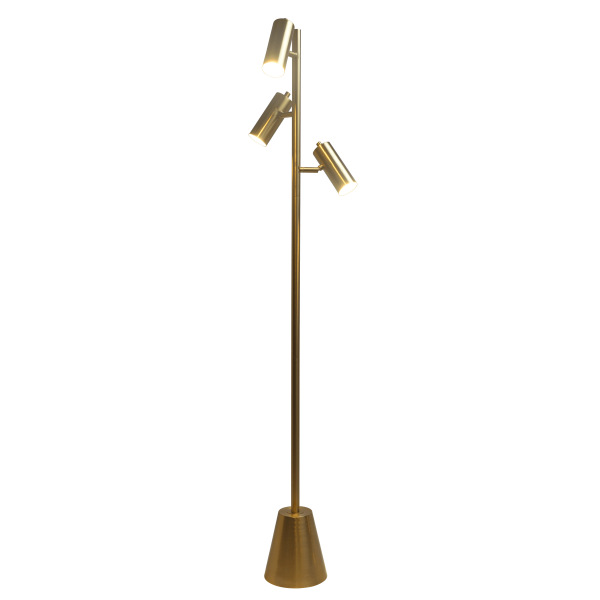 Lumina Brassed Gold Floor Lamp with Rotary Switch Triple Spots Metal Cone Base For Sale