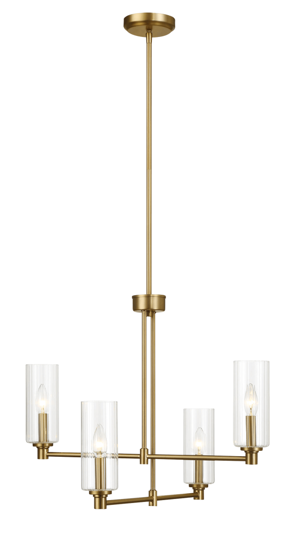 Enigma Four Lights Chandelier With Clear Ribbed Glass -Satin Brass Online Sale