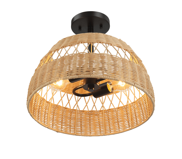 Twinkle Double Lights Semi Flush With Rattan Shade Black Metal Finish for Farmhouse Style For Cheap