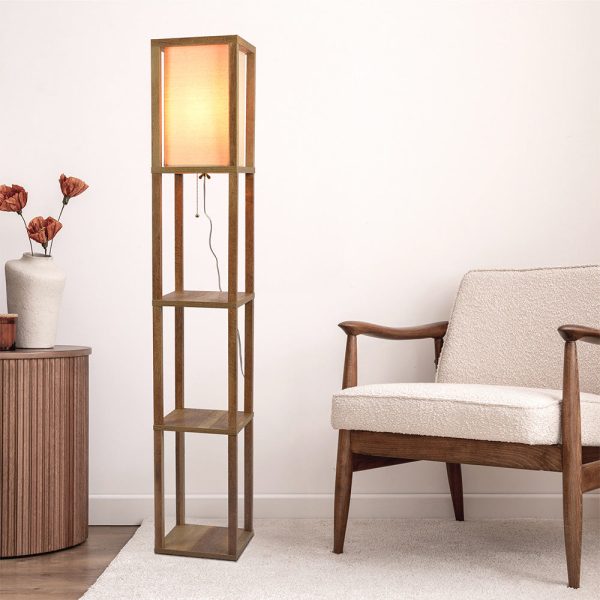 Pinnacle Shelf Floor Lamp For Bedroom Living Room, Natural Wood with Long Shade on Sale