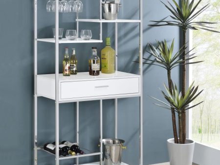 Figueroa 5-shelf Wine Cabinet with Storage Drawer White High Gloss and Chrome Discount