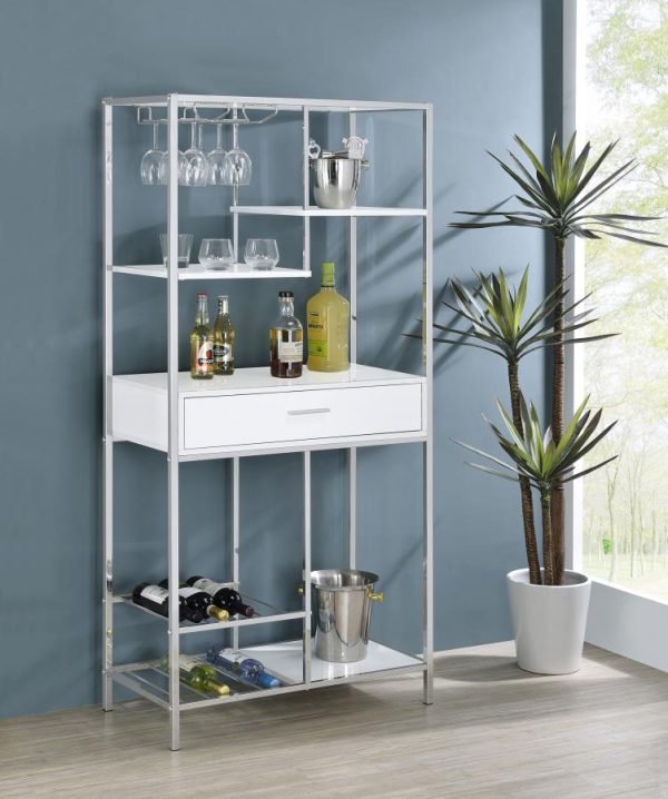 Figueroa 5-shelf Wine Cabinet with Storage Drawer White High Gloss and Chrome Discount