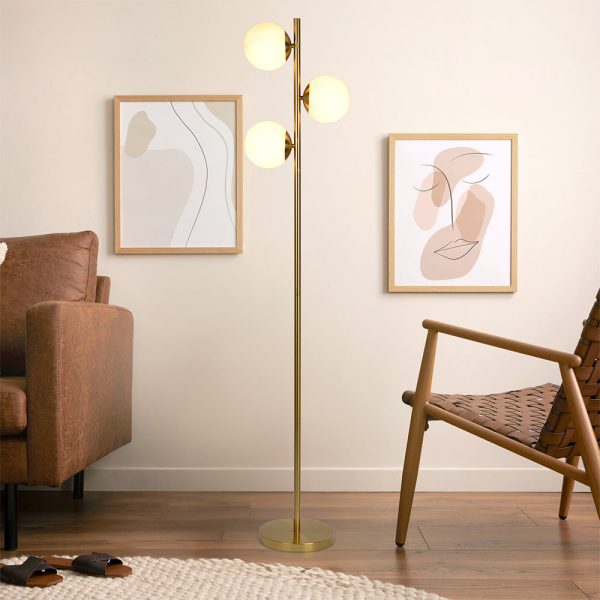 Brilliance Modern Gold Brush Floor Lamp, Opal Glass Shades and Round Metal Base Online Sale