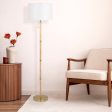 Stellar Wood Rattan Tube , Gold Brass Metal and White Linen Shade Floor Lamp For Discount