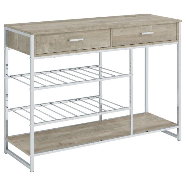 Melrose 2-shelf Wine Cabinet with 2 Drawers Gray Washed Oak and Chrome For Sale