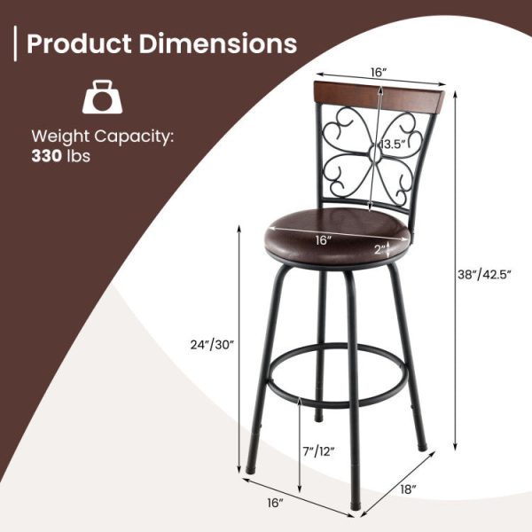 2 Pieces 24-30 Inch Adjustable PU Cushioned Swivel Barstools Discount