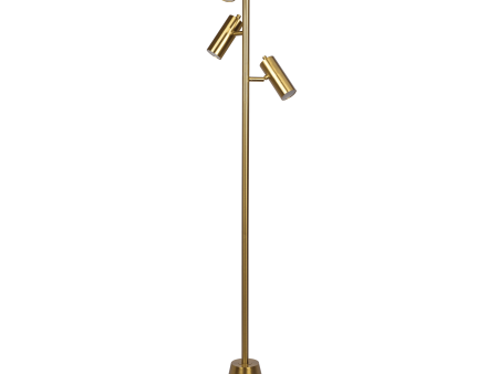 Lumina Brassed Gold Floor Lamp with Rotary Switch Triple Spots Metal Cone Base For Sale