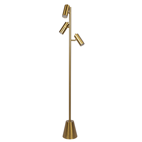 Lumina Brassed Gold Floor Lamp with Rotary Switch Triple Spots Metal Cone Base For Sale