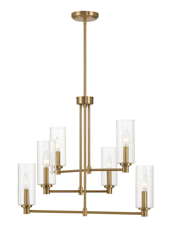 Timeless Six Lights Chandelier With Clear Ribbed Glass - Satin Brass Cheap