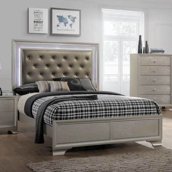 Lyssa Champagne LED Upholstered Panel Bed Sale