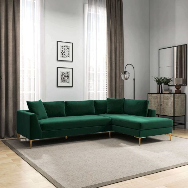 Mano  L-Shaped Velvet Sectional Sofa In Green Right Facing Discount