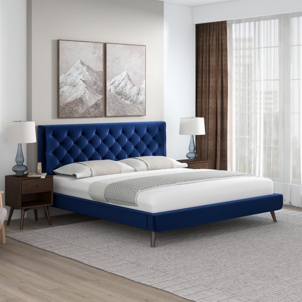 Dillon Blue Velvet Platform Bed (King Size) Hot on Sale