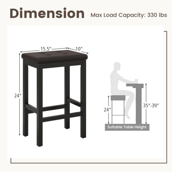 24 Inch Bar Stools with Padded Seat Footrest and Rubber Wood Frame For Sale