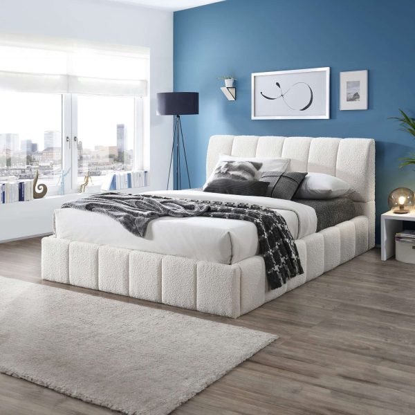 Hilar  White Boucle Platform Bed Queen Online Hot Sale