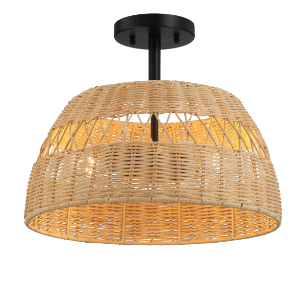 Twinkle Double Lights Semi Flush With Rattan Shade Black Metal Finish for Farmhouse Style For Cheap