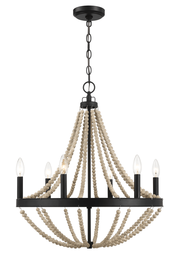 Starry Wood Chandelier Farmhouse Six Candle Light Wood Beaded Black Pendant Light for Dining Room For Discount