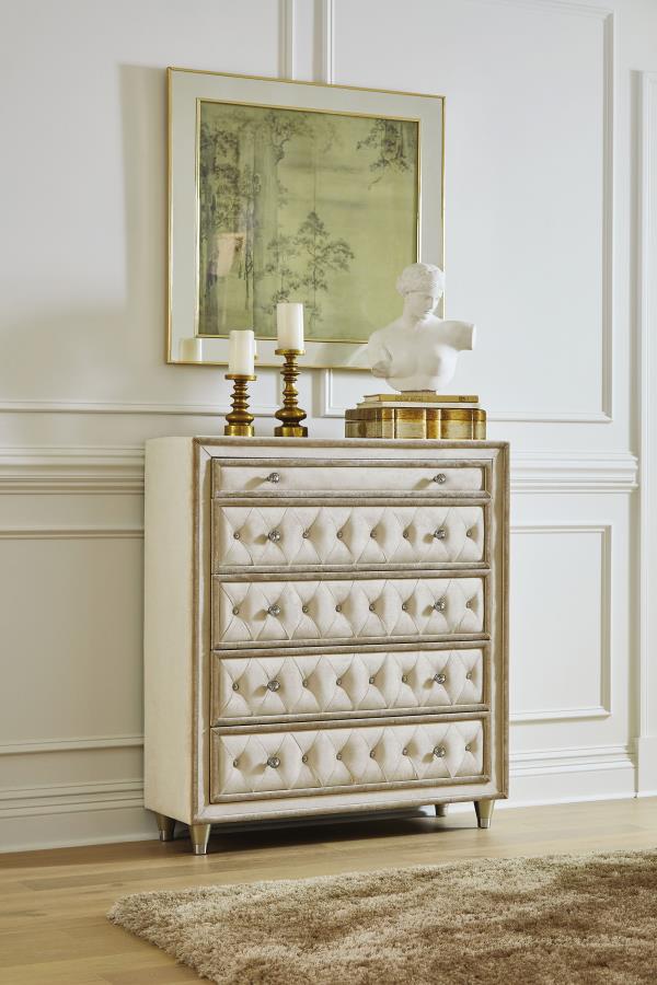 Antonella 5-drawer Upholstered Chest Ivory and Camel on Sale