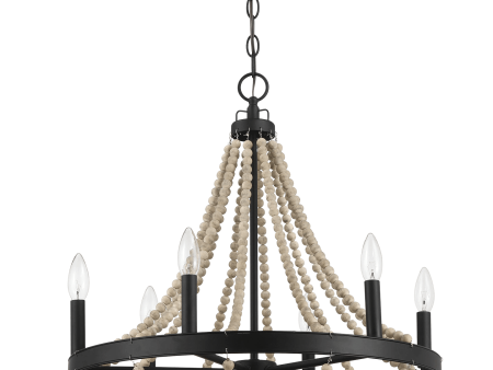 Starry Wood Chandelier Farmhouse Six Candle Light Wood Beaded Black Pendant Light for Dining Room For Discount