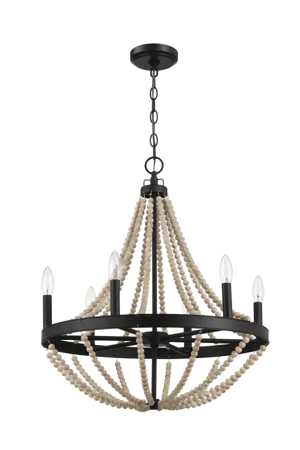 Starry Wood Chandelier Farmhouse Six Candle Light Wood Beaded Black Pendant Light for Dining Room For Discount