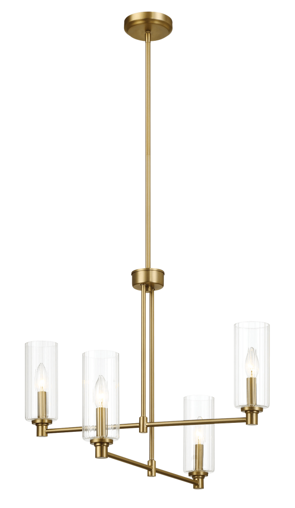 Enigma Four Lights Chandelier With Clear Ribbed Glass -Satin Brass Online Sale