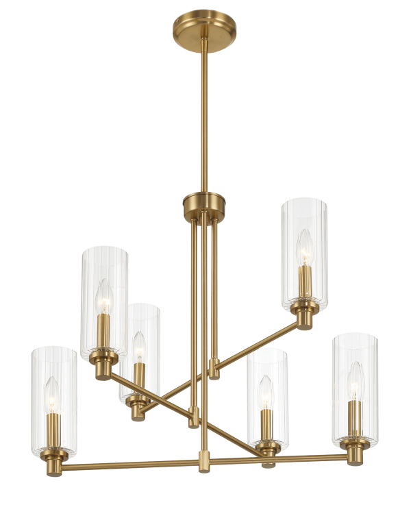 Timeless Six Lights Chandelier With Clear Ribbed Glass - Satin Brass Cheap