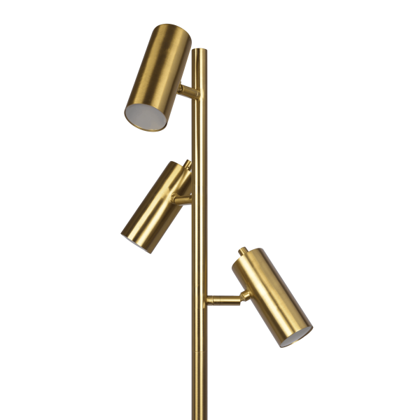 Lumina Brassed Gold Floor Lamp with Rotary Switch Triple Spots Metal Cone Base For Sale