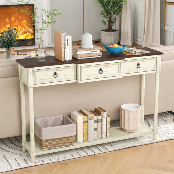 52 Inch Farmhouse Console Table with 3 Drawers and Open Storage Shelf for Hallway on Sale