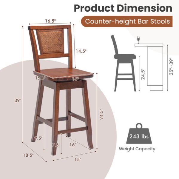 2 Pieces 24.5 Inch Bar Stools with Rattan Back and Swivel Seat on Sale