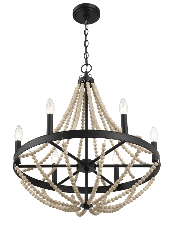 Starry Wood Chandelier Farmhouse Six Candle Light Wood Beaded Black Pendant Light for Dining Room For Discount