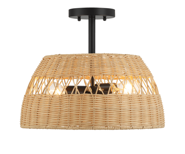 Twinkle Double Lights Semi Flush With Rattan Shade Black Metal Finish for Farmhouse Style For Cheap